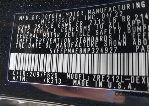 2022 Toyota Corolla Le from USA, damaged, VIN 5YFEPMAE8NP324927